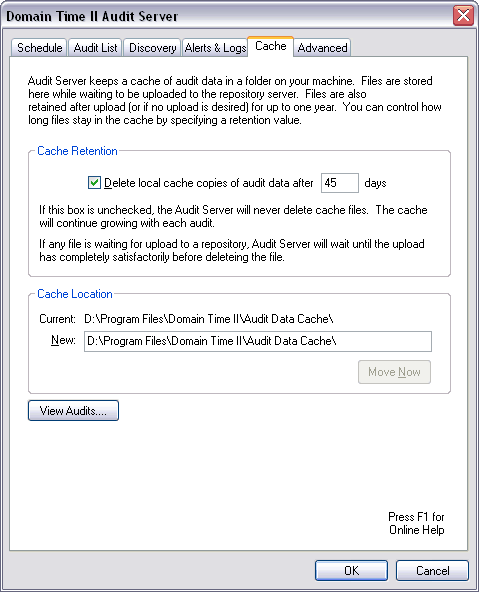 Domain Time II Audit Server - Cache Tab