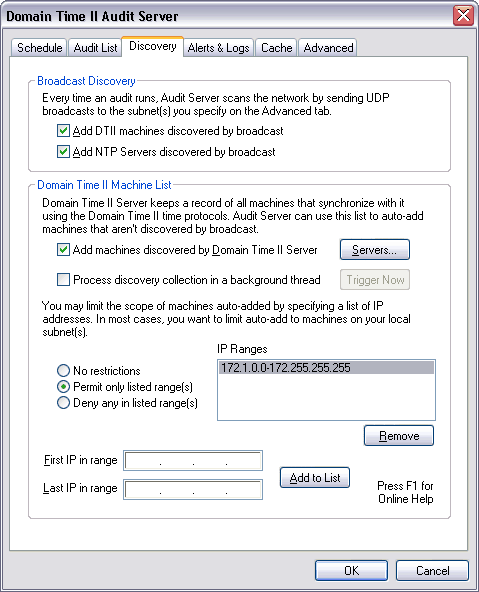 Domain Time II Audit Server - Discovery Tab