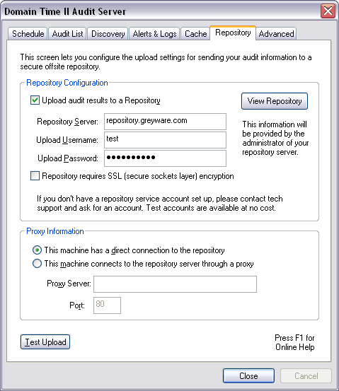 Domain Time II Audit Server - Repository Tab