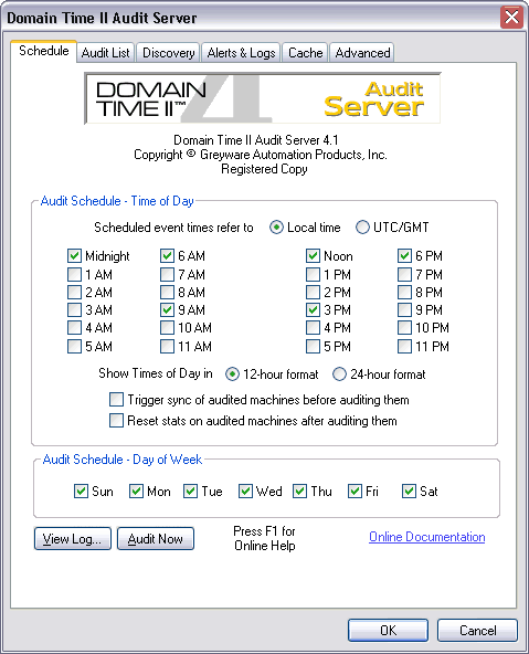 Domain Time II Audit Server - Schedule Tab