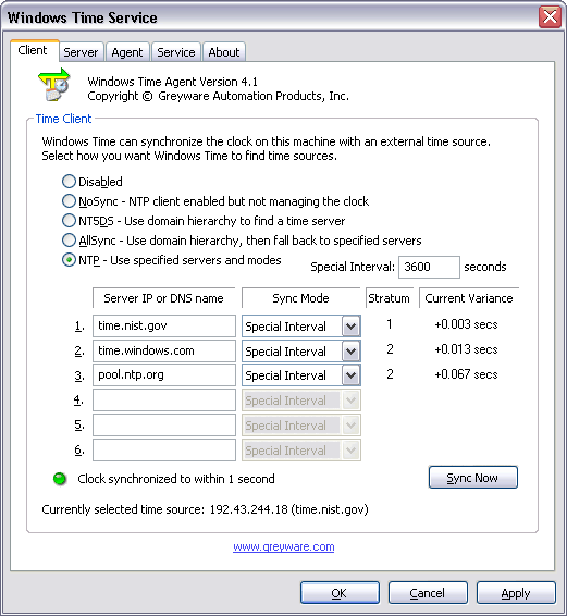 Domain Time II Windows Time Agent: Client tab