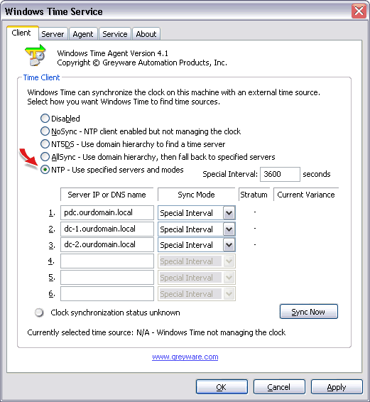 Enable NTP Sync mode of the Windows Time Client