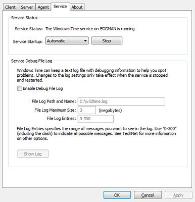 Windows Time Agent: Service tab
