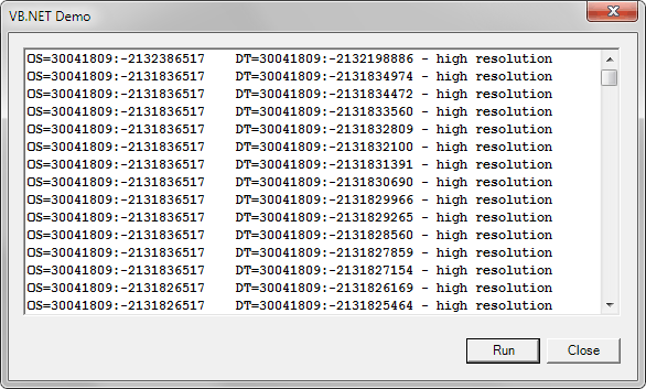 Sample program showing OS time on the left, Domain Time Hi-Res Time on the right